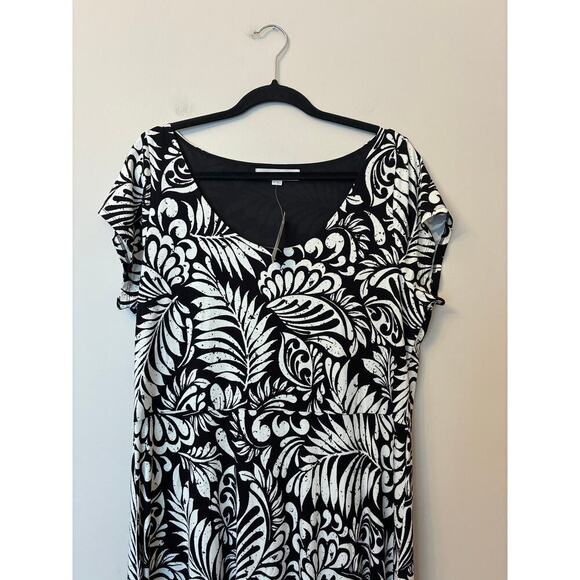 Loft NEW Black and White Palm Floral Midi Dress Cap Sleeves Scoop Neck XL - Picture 5 of 10